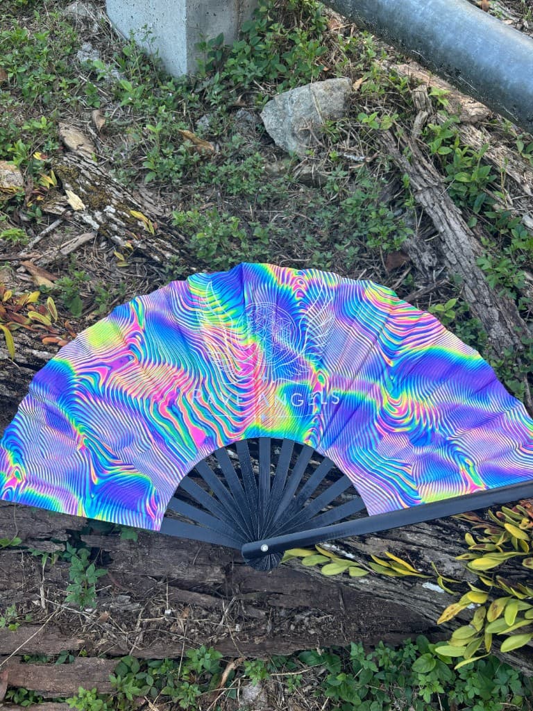 Vibe Cooler folding fan with Rave Angels branding